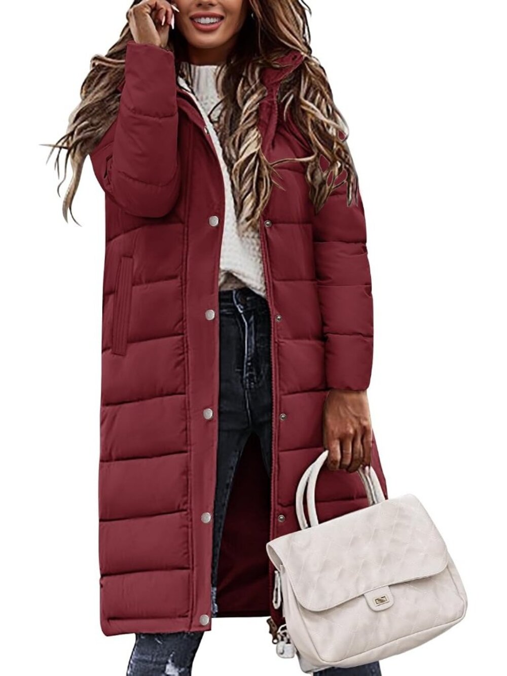 Women's Wine Red Winter Long Puffer Coat Quilted Warm Jacket with Side Zippers